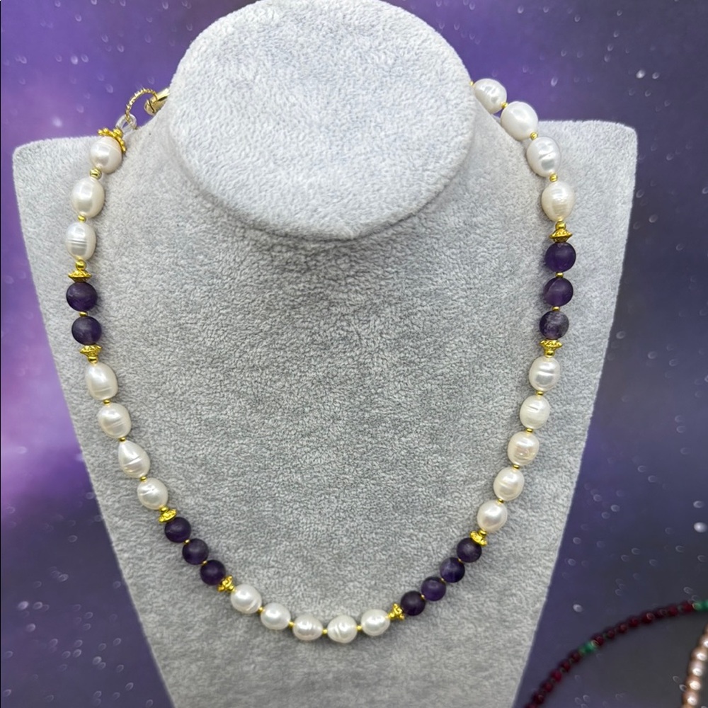 Natural Pearl and Matt Amethyst Beaded Necklace